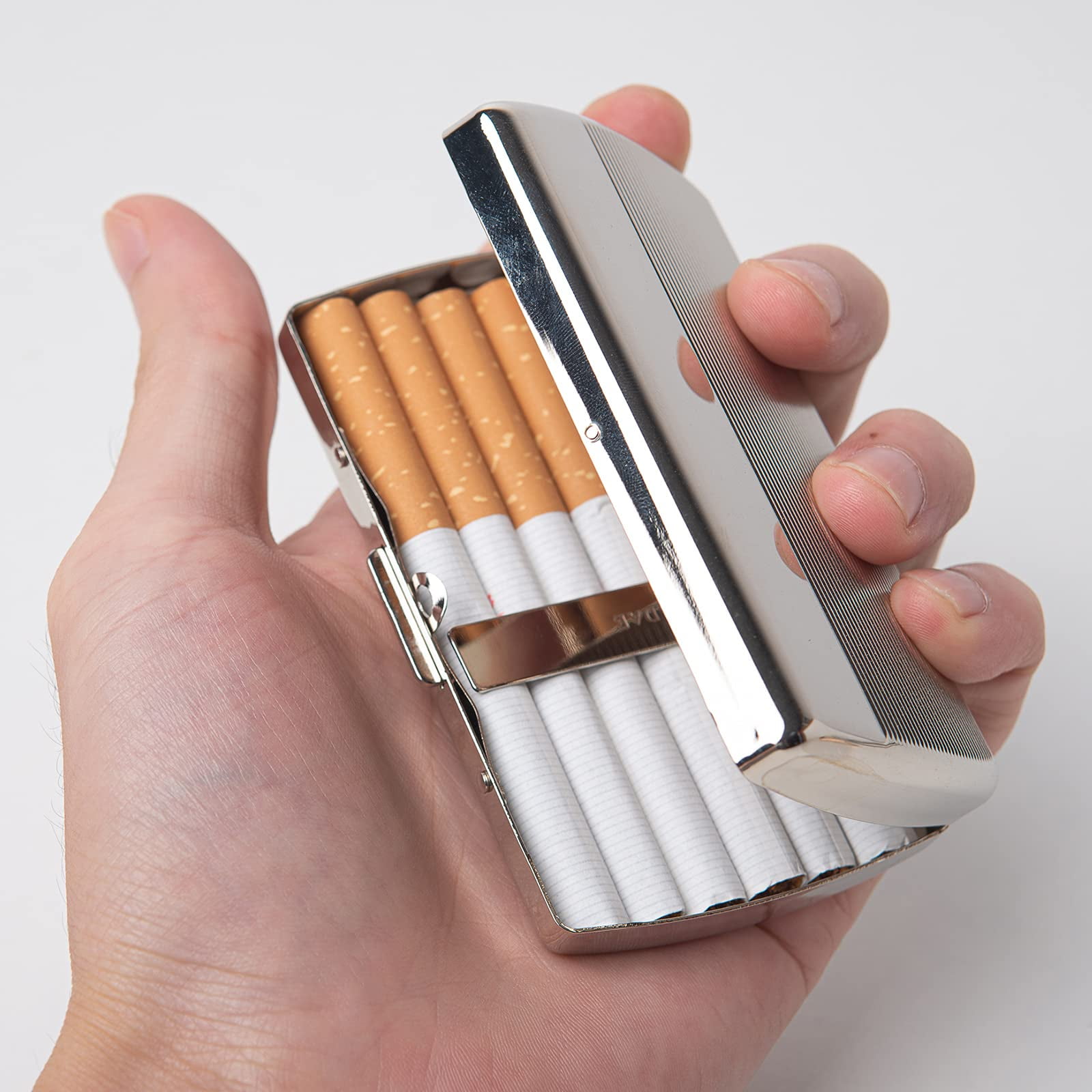Mini Ladies and Men Metal Cigarette Case , Portable Double Sided Spring  Clip Holds 12 Regular 85mm Short Cigarettes，Can Not Be Placed The Credit  Card Inside (Silver)