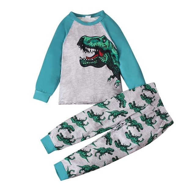 Odeerbi 1-9 Años Niños Niñas Pijama de Algodón Otoño Pantalones de Manga Larga Raglan Tops Set Suave Dinosaurio Imprimir Sleepwear