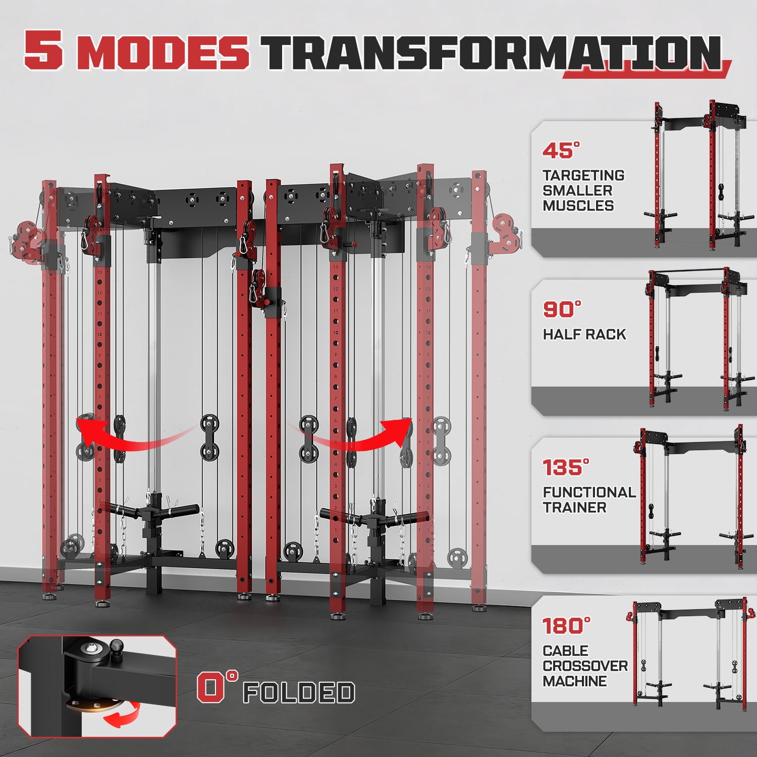 Wall Mounted Folding Squat Rack,1200 LBS Power Rack with Dual Independent Pulley System, 5 Adjustable Modes, Functional Trainer for Space Saving Home Gym with 1000 LB Weight Bench and Barbell ,Red