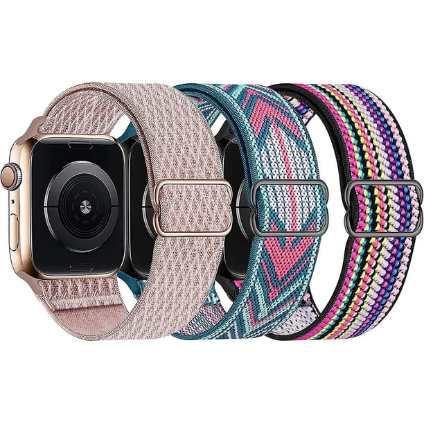 Bandas elásticas de nailon Solo Loop compatibles con Apple Watch 45 mm, 41 mm, 44 mm, 40 mm, 42 mm, 38 mm, correa para Iwatch Series 7/6/5/4/3/2/1 Se, paquete de 3 W 38 Rose