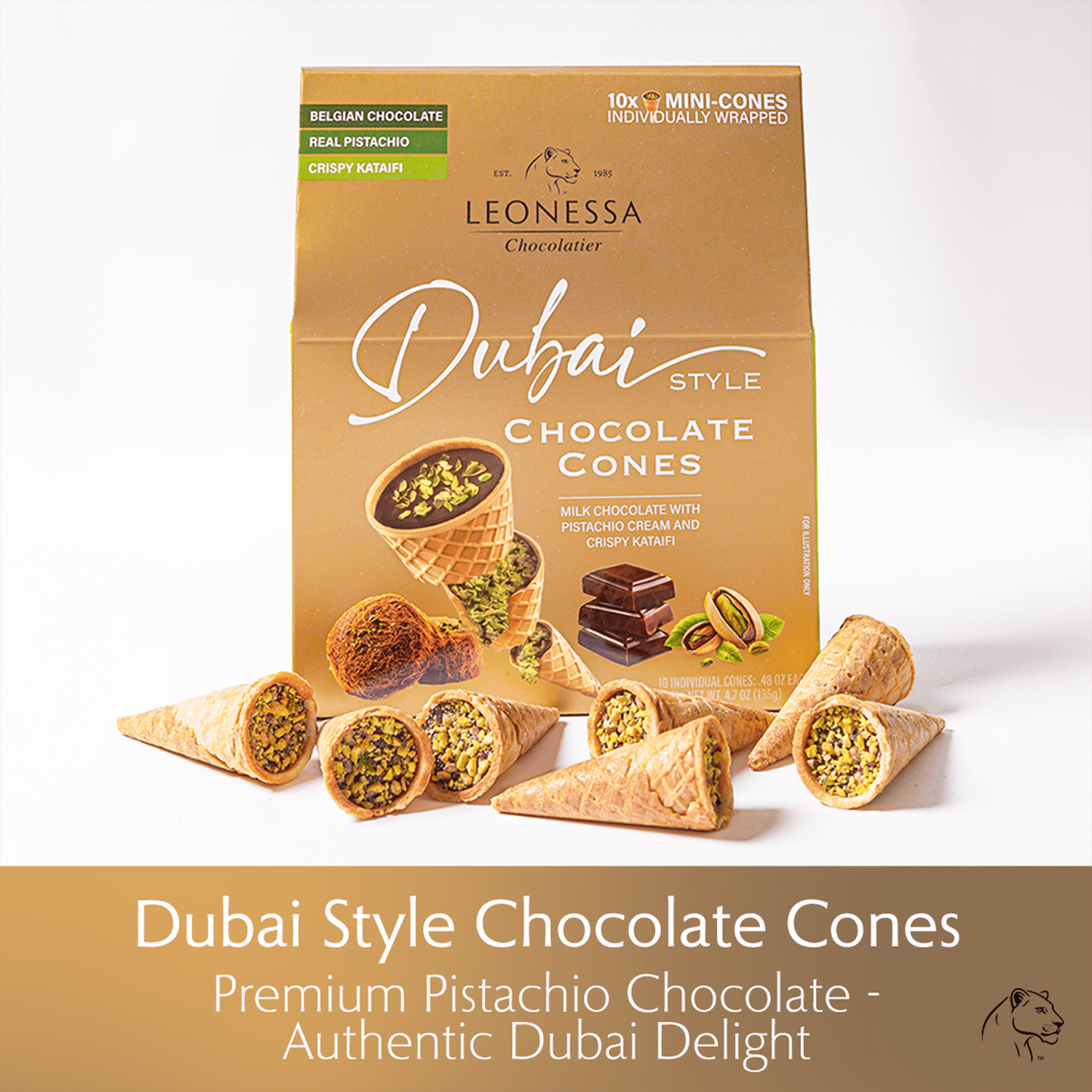 Leonessa Chocolatier Dubai Chocolate Cones, Milk Chocolate with Crispy Kataifi & Pistachio Kunafa Cream, Made with Belgian Chocolate, 4.7 oz Gable Box, 10 Count