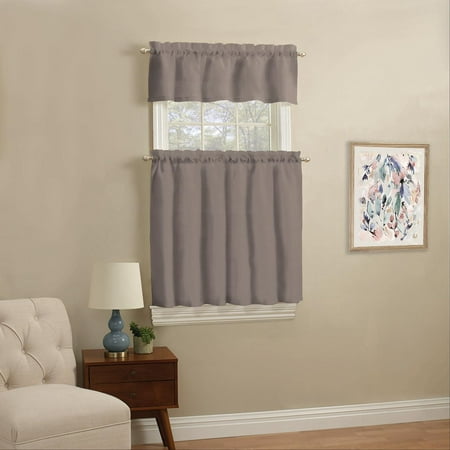 Mainstays Solid Color Light Filtering Rod Pocket Kitchen Window Curtain Tier and Valance, 3-Piece Set, Taupe, 56 x 36