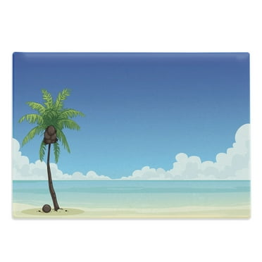 Fiji Cutting Board, Digital Panoramic View of a Single Palm Tree with Coconuts and a Blue Sky Waters, Decorative Tempered Glass Cutting and Serving Board, in 3 Sizes, by Ambesonne