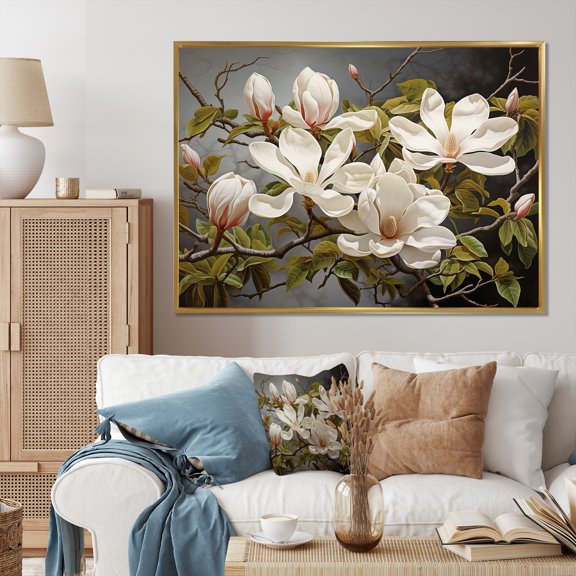 Designart "Magnolia Serenity in White and Green" Floral Floater Framed Wall Decor