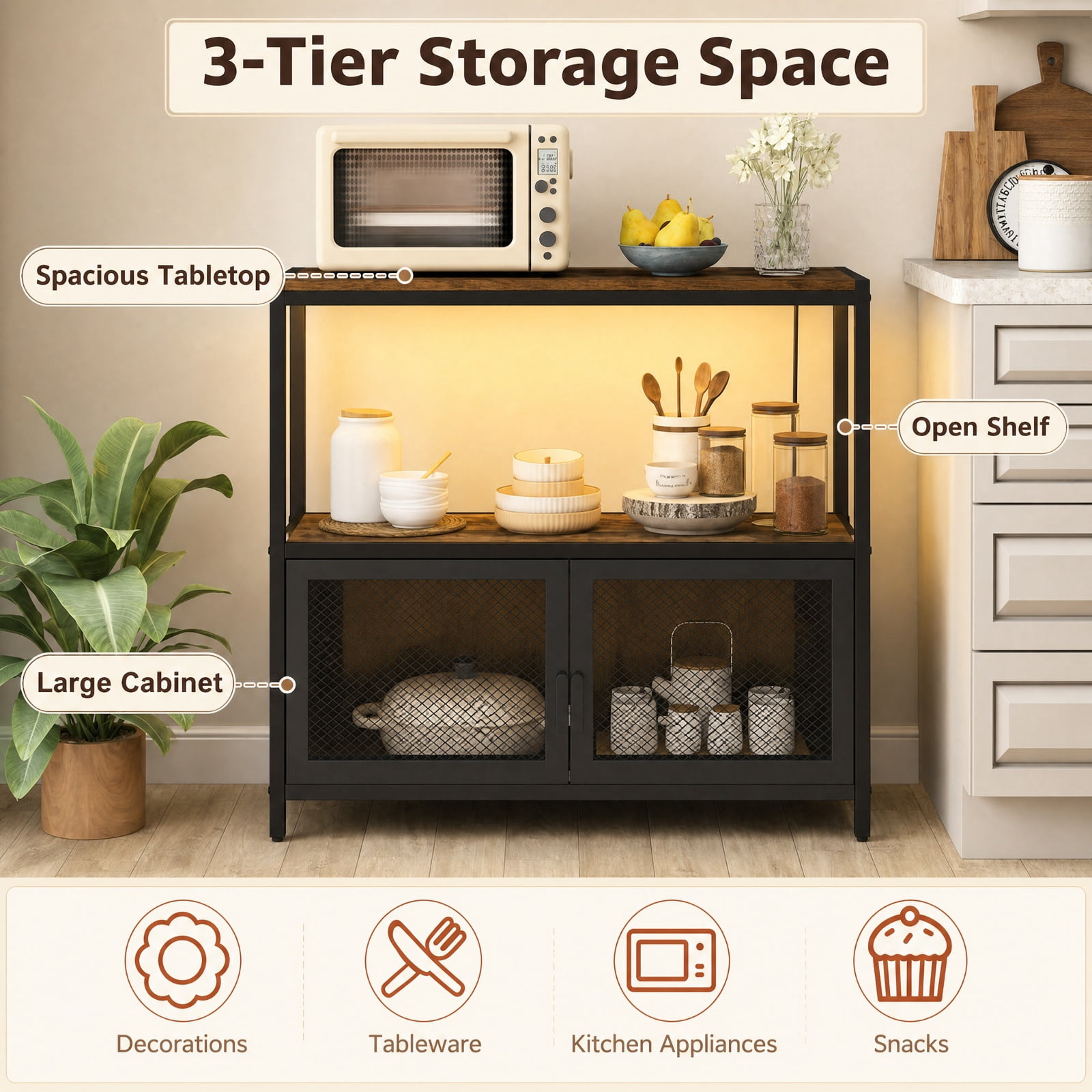 Furnibear Coffee Bar Cabinet with LED Lights and Built in Charging Station 3 Tier Open Shelf Storage for Home Kitchen Coffee Station, Rustic Brown