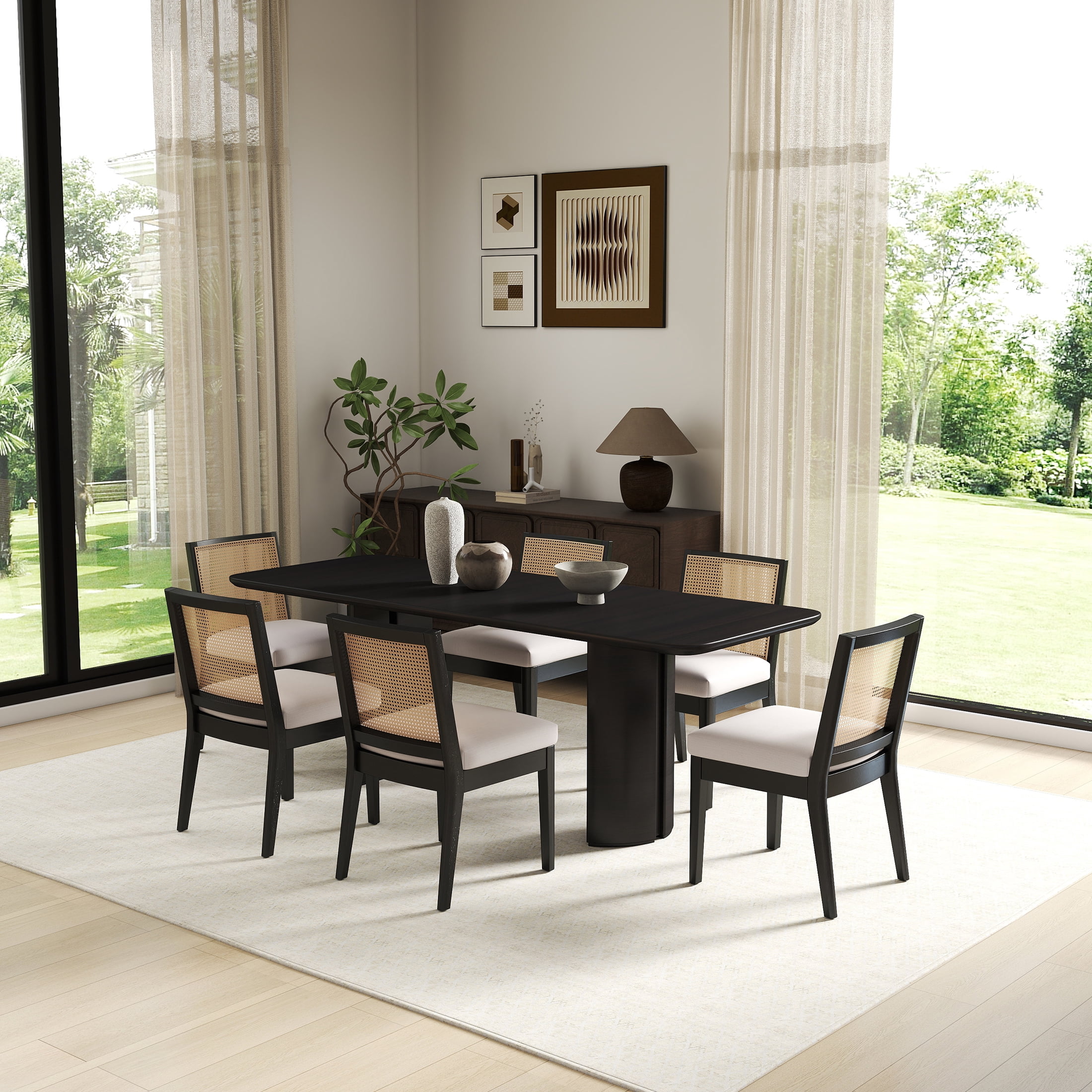 Guyou Farmhouse Rattan Dining Chairs Set of 2, Mid Century Modern Dining Side Chairs with Black Hardwood Frame, Linen Upholstered French Country Kitchen Chairs for Dining Room Bistro, Beige