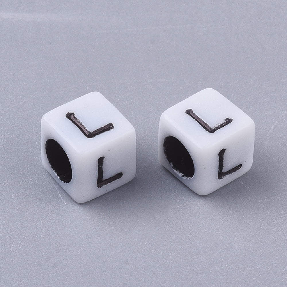 Opaque Acrylic Beads Horizontal Hole Cube with Random Initial Letter White 6x6x6mm Hole: 3.5mm about 3380pcs/500g
