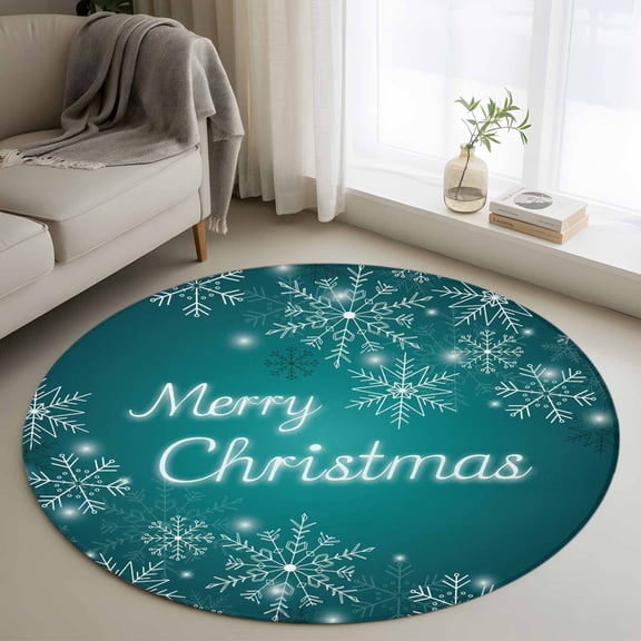 Christmas Snowflake Round Rug 3ft Washable Circle Entryway Rugs Non Slip Ombre Turquoise Teal Winter Xmas Gradient Area Rug Indoor Floor Carpet for Bedroom Kitchen Office Dining Room Nursery