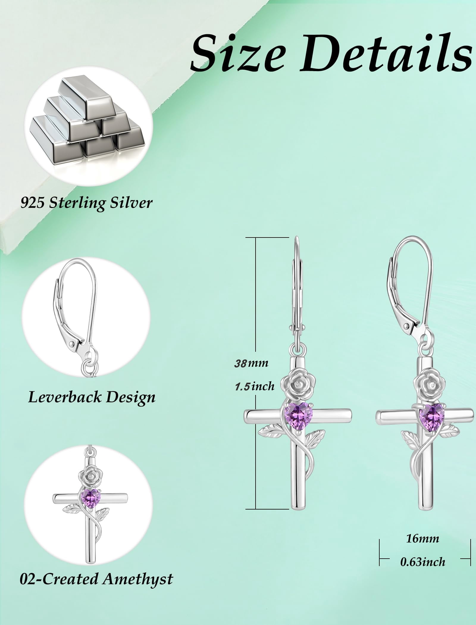 VESITIM Cross Earrings for Women Rose Flower Earring 925 Sterling Silver Dangle Drop Religious Jewelry Gift with Heart Created Amethyst Birthstones