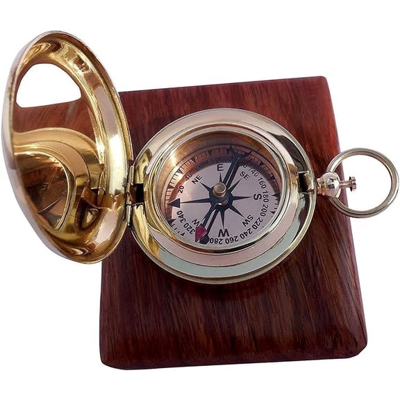 Handmade Brass Push Open Compass with Rose Wood Case, Pocket Compass for Hiking Rustic Vintage Home Decor Gifts