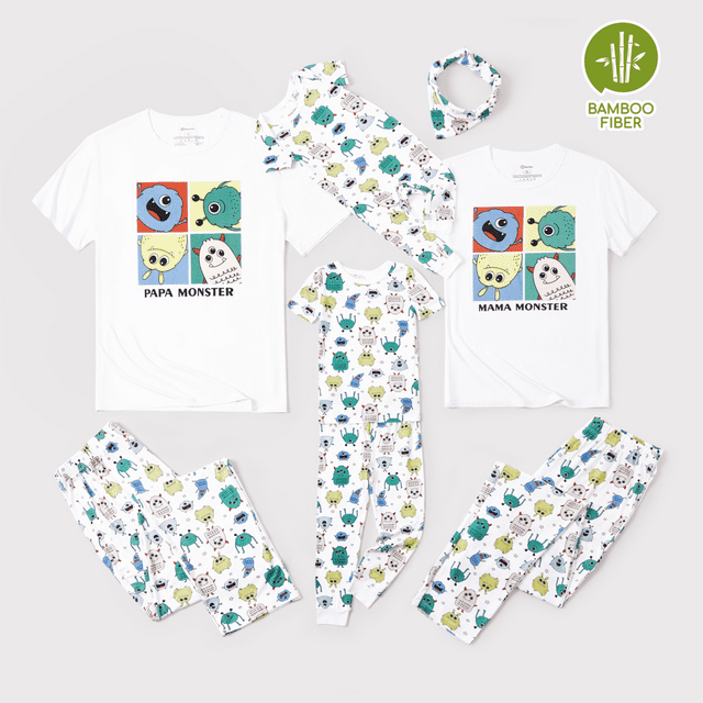 PatPat Pyjama Familial en Bambou à Imprimé de Petit Monstre Mignon, Ensemble de Pyjamas Assortis à Manches Courtes ( Ajusté pour Enfants )