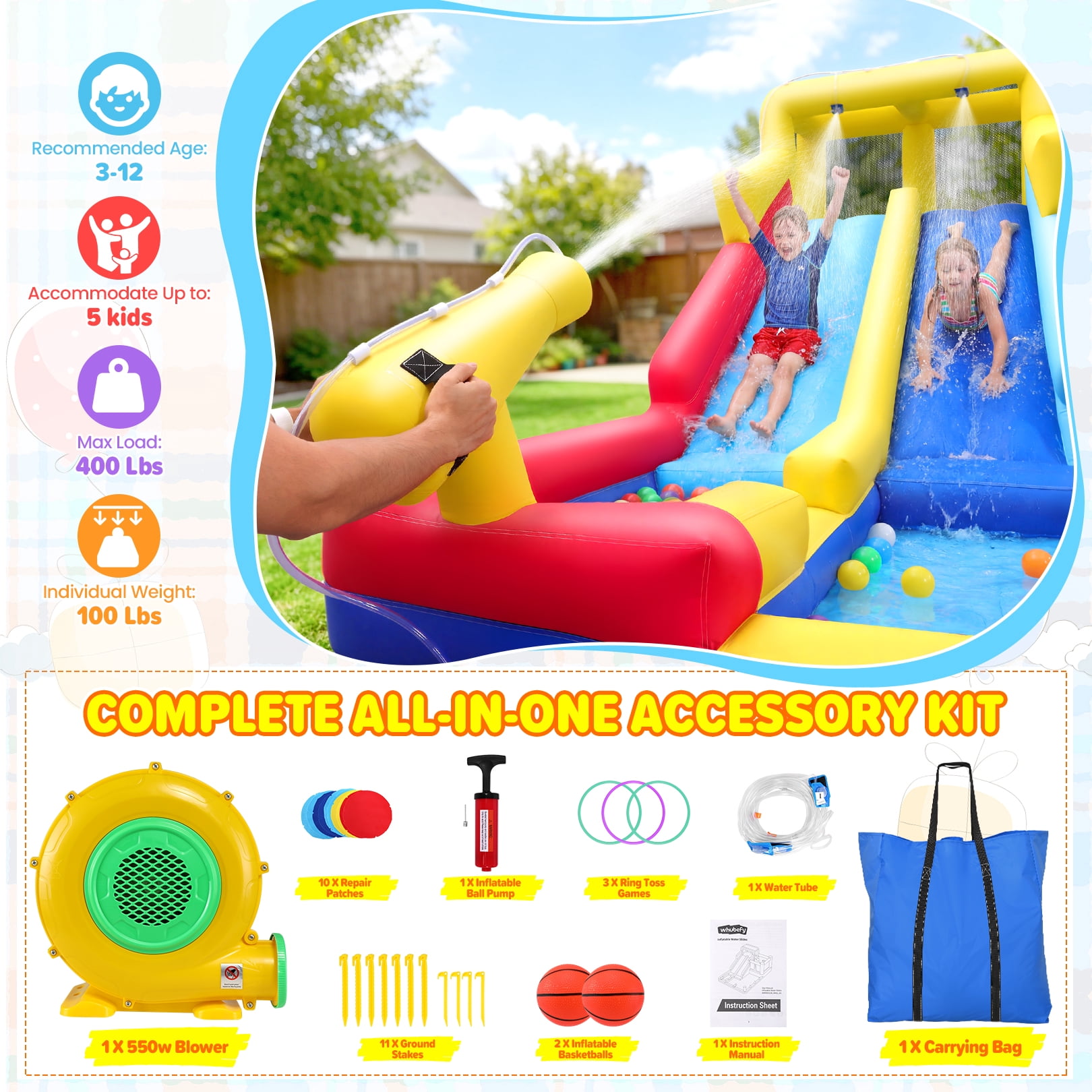 Qhomic Inflatable Water Slide with Blower, 10-in-1 Bounce House with 2 Slides, Jumping Zone, Climbing Wall, Ball Pit and 2 Water Cannons, Water Park for Kids Backyard