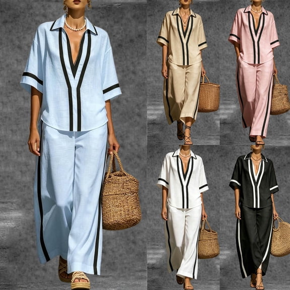 Pretxorve 2 Piece Set for Women Solid Lapel V Neck Short Sleeve Top Pocket Loose Long Casual Trousers Outfits