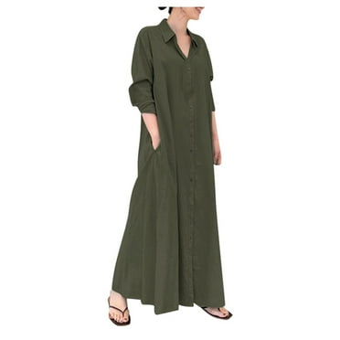 Kureaily Cotton Linen Solid Color Lapel Long Sleeve Pocket Relaxed Casual Maxi Dress Shirt Dress