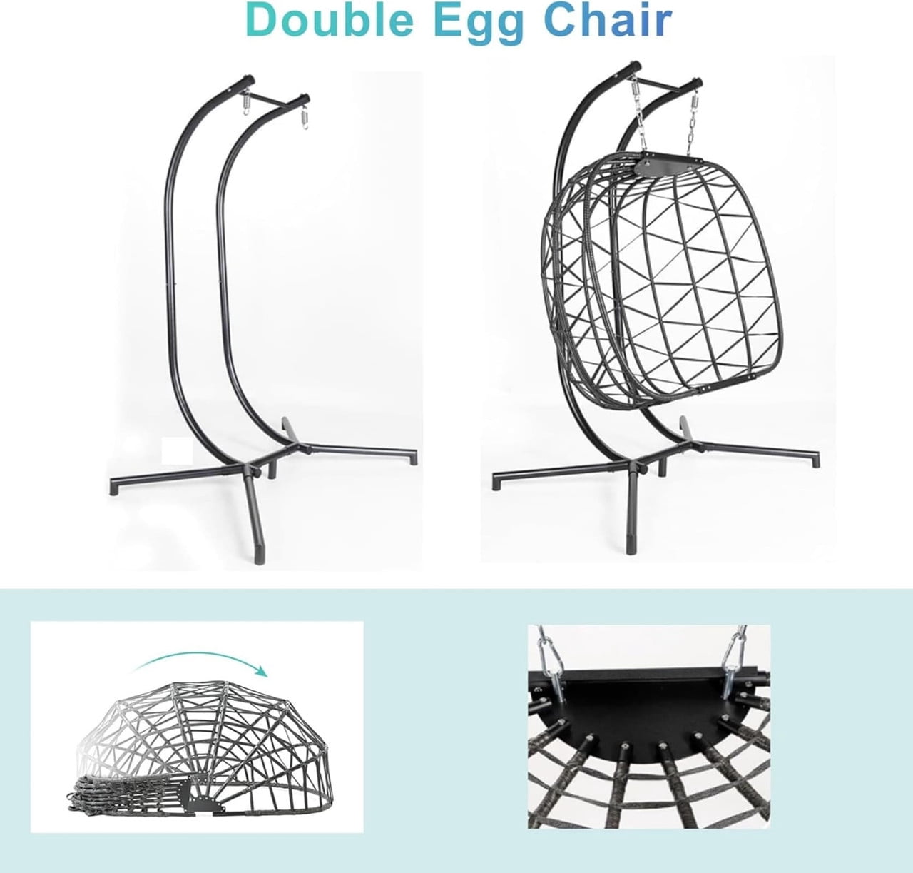 Double Swing Egg Chair with Stand,2 Person Indoor Outdoor Wicker Loveseat, Oversized Patio Hanging Basket Chair with Cushions, Cozy Sturdy Porch Swing for Backyard