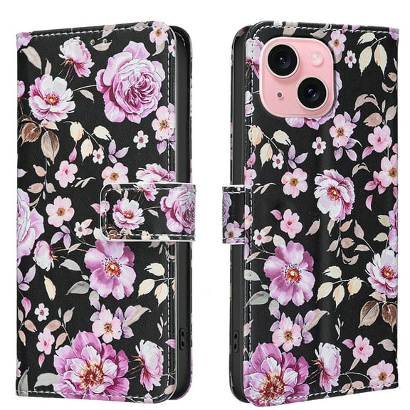 Wallet Case Compatible with iPhone 15 with Card Holder, Convertible Stand Flowers Case Magnetic for Women and Girls, Butterfly Floral Protective PU Leather Flip Case, Black2