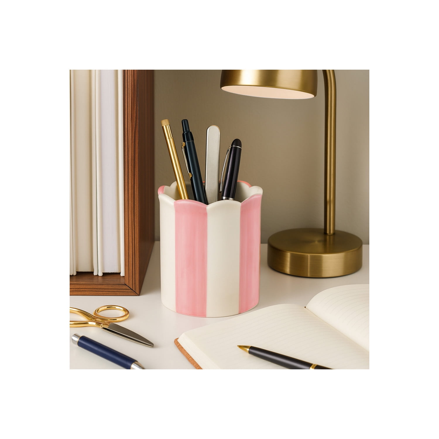 Minimalist Striped Desktop Organizer for Home Decor - Office Accessory for Small Desk, Workspace, or Storage Decor - Decorative Desk Organizer for Bedroom and Bathroom Decor - 4", Pink & Ivory