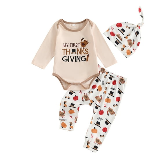 Baby Toddler Boys Thanksgiving Outfits 0 3 6 12 Months Letter Turkey Print Crew Neck Long Sleeve Rompers Long Pants Hat 3Pcs Clothes Set
