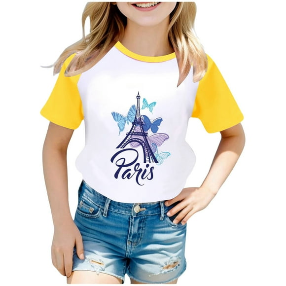 AJIWYH Orange Shirt Girls,Men's and Women's Wear City Tourism Commemorative Print Raglan Sleeve Color Block Short Sleeve T Shirt 5,Girls Short Sleeve Shirts Size 7-86 for 7-8 Years,Yellow