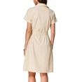 thumbnail image 3 of Vestido de camisa de lino y algodón de mujer con cuello en V y botones cortos M Beige, 3 of 6