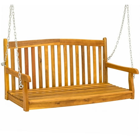 Exclusive Wooden Garden Furniture Best Choice Products 48-inch 3-Seater Wooden Curved Back Hanging Porch Swing Bench Conversation Furniture with Metal Chains for Backyard, Front Yard, Patio, Deck, Garden, Brown ()