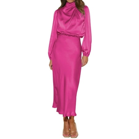 IDOPIP Women s Elegant Long Sleeve Satin Dress Mock Neck Elastic Waist Cocktail Party Maxi Dress