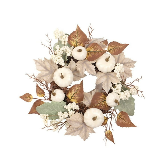 TIELUTT Couronne de Citrouille Blanche à Feuilles d'Érable et Baies, Couronne Décorative de Ferme pour Fenêtres Extérieures, Couronnes pour Armoires de Cuisine, Couronne Personnalisée pour Porte d'Entrée, Couronnes pour Fenêtres Extérieures, Noël Fendu
