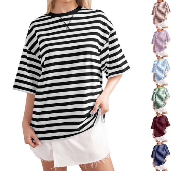 YHAJDS Womens Summer Tops Short Sleeve Round Neck Tee Casual Striped Print Shirt