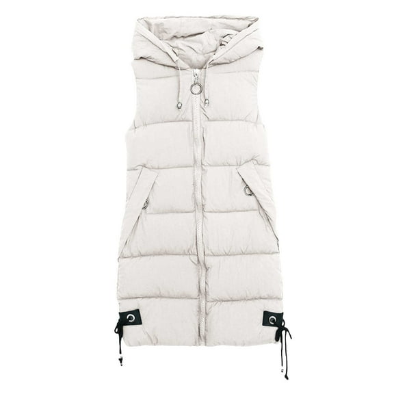 Niaviben Long Puffer Vest Women Hooded Vest Warm Vest for Women’s Vest Puffy Jackets Women Sleeveless Denim Vest Women Casual Jackets for Women Beige L