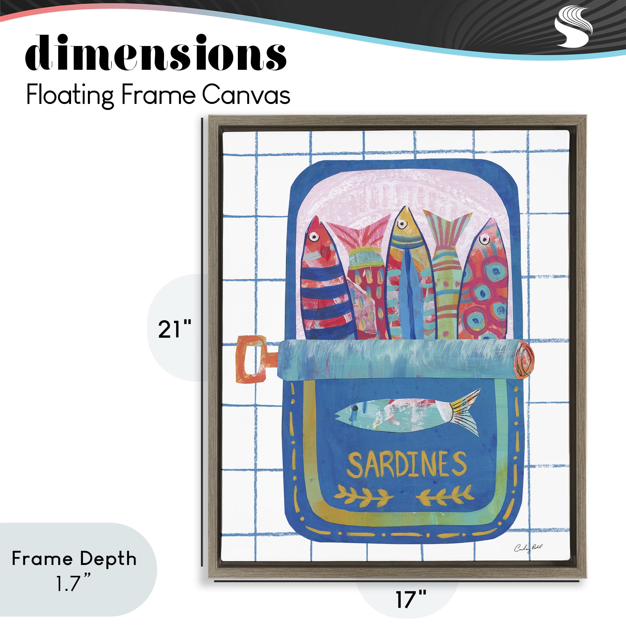 Stupell Industries Silly Sardines Blue Tin Brown Framed Floater Canvas Wall Art, design by Courtney Prahl