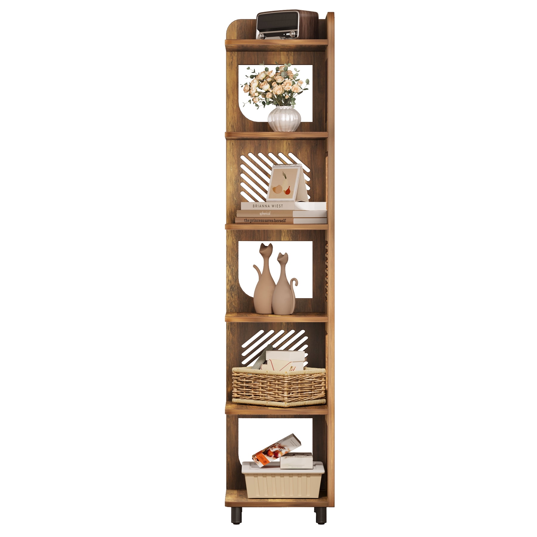 Fnova 71" 6-Tier Tall Corner Bookshelf, Rustic Wooden Narrow Corner Bookcase with Artistic Square Rack, Freestanding Display Storage Shelf for Space-Saving Home Organizing