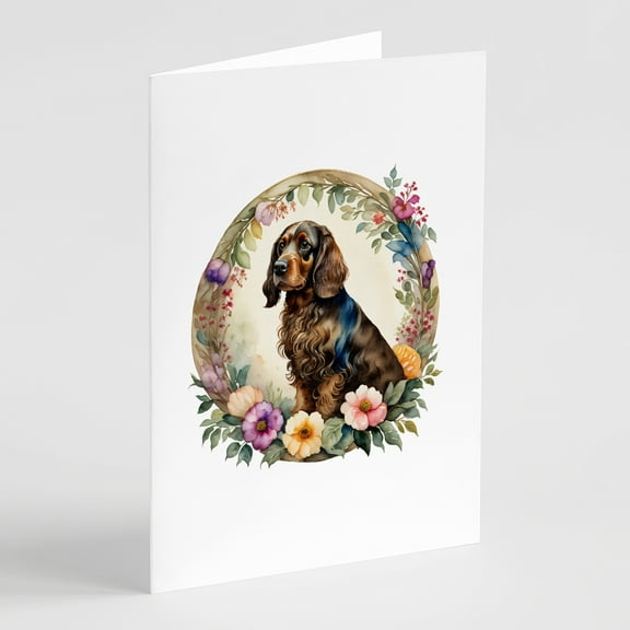 Field Spaniel and Flowers Greeting Cards and Envelopes Pack of 8 7 in x 5 in