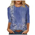 thumbnail image 1 of T-shirts Femmes Hauts Élégants Manches 3/4 Col Rond T-Shirts Imprimé Fleur Blouses Amples Chemises Femmes Bleu m, 1 of 4