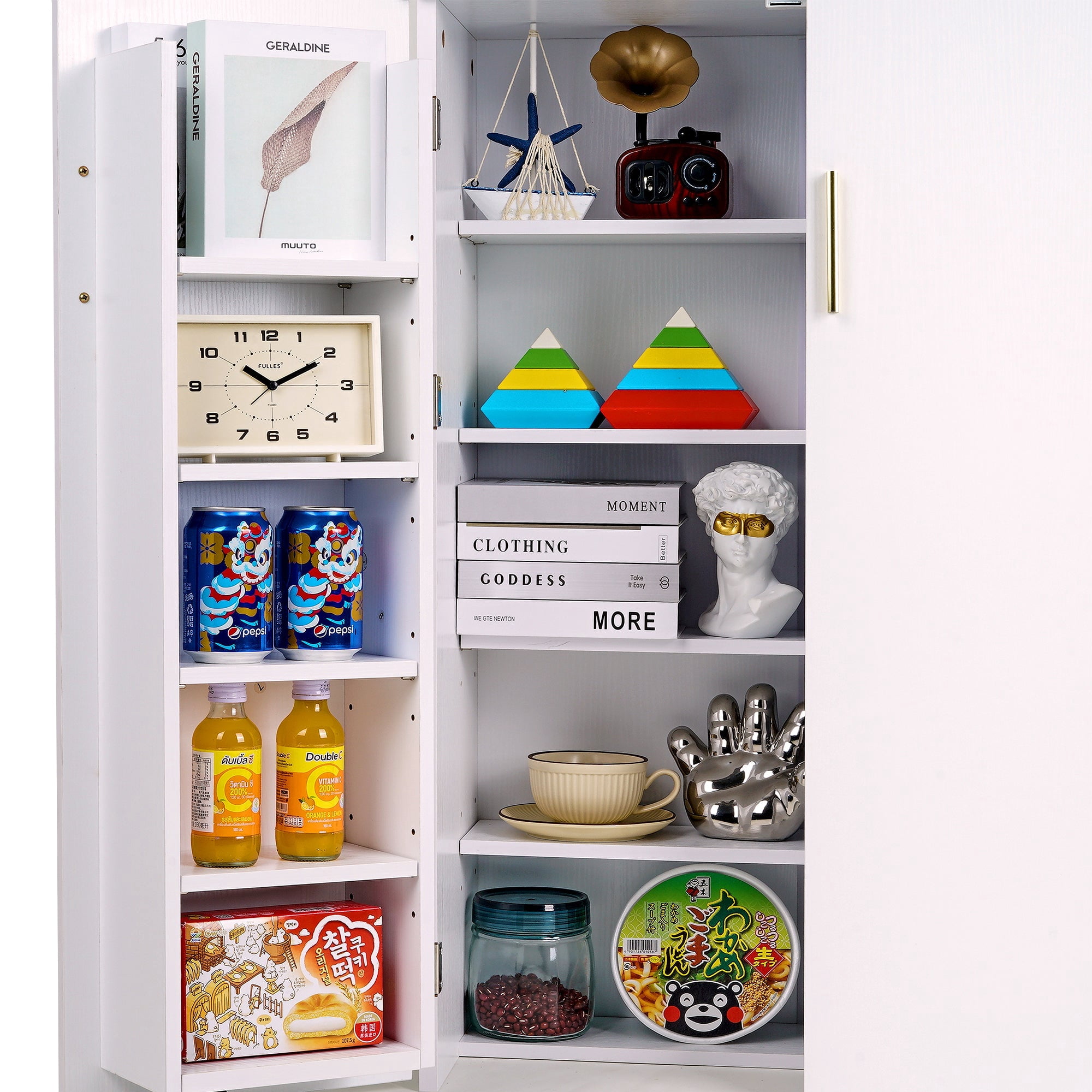 VECELO Kitchen Pantry Cabinets, Food Storage Cabinet with 2 Doors & Adjustable Shelves, Freestanding Small Cupboard for Living Room, Dining Room, Home Office, White