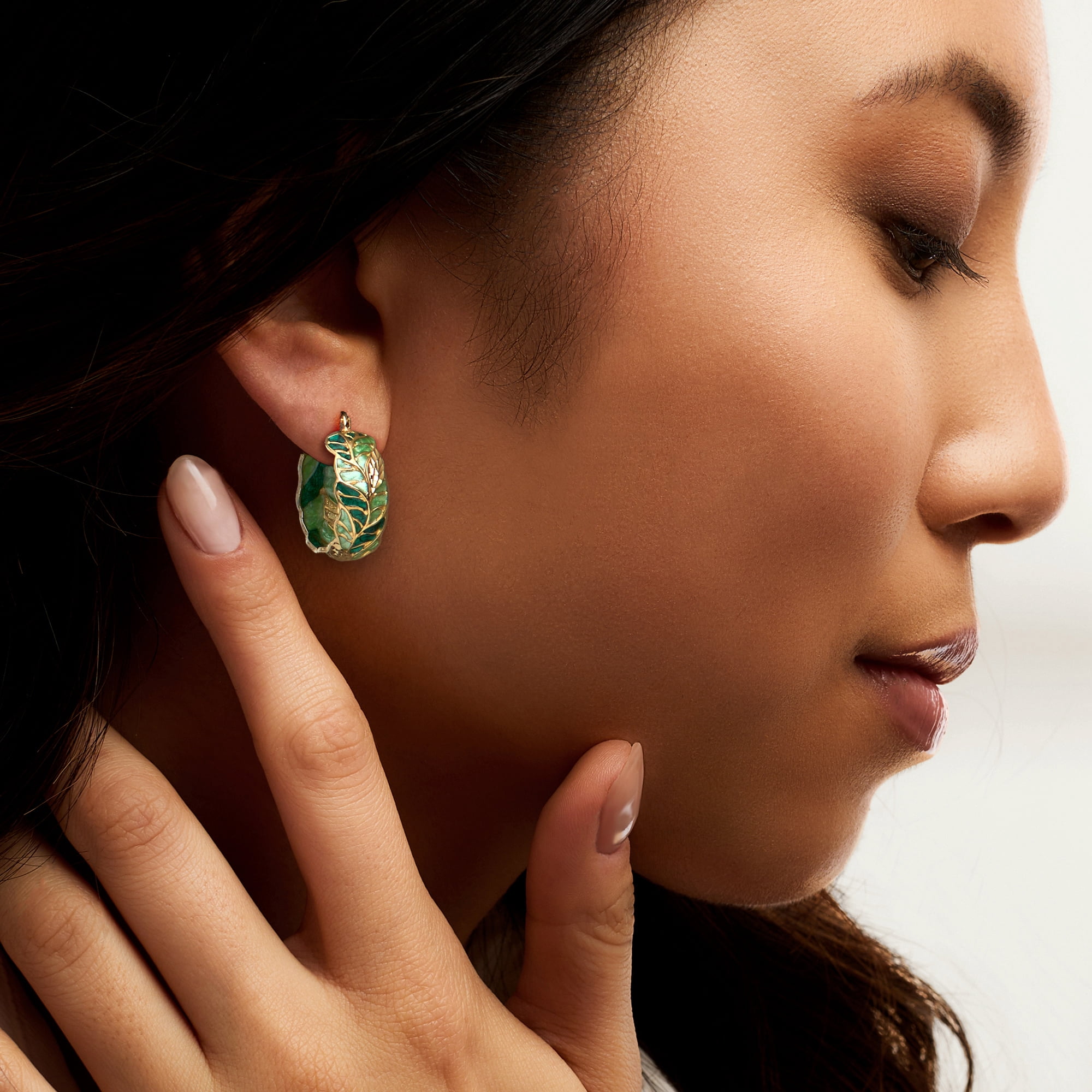Ross-Simons Italian Green Enamel Leaf Vine Hoop Earrings in 14kt Yellow Gold, Women's, Adult