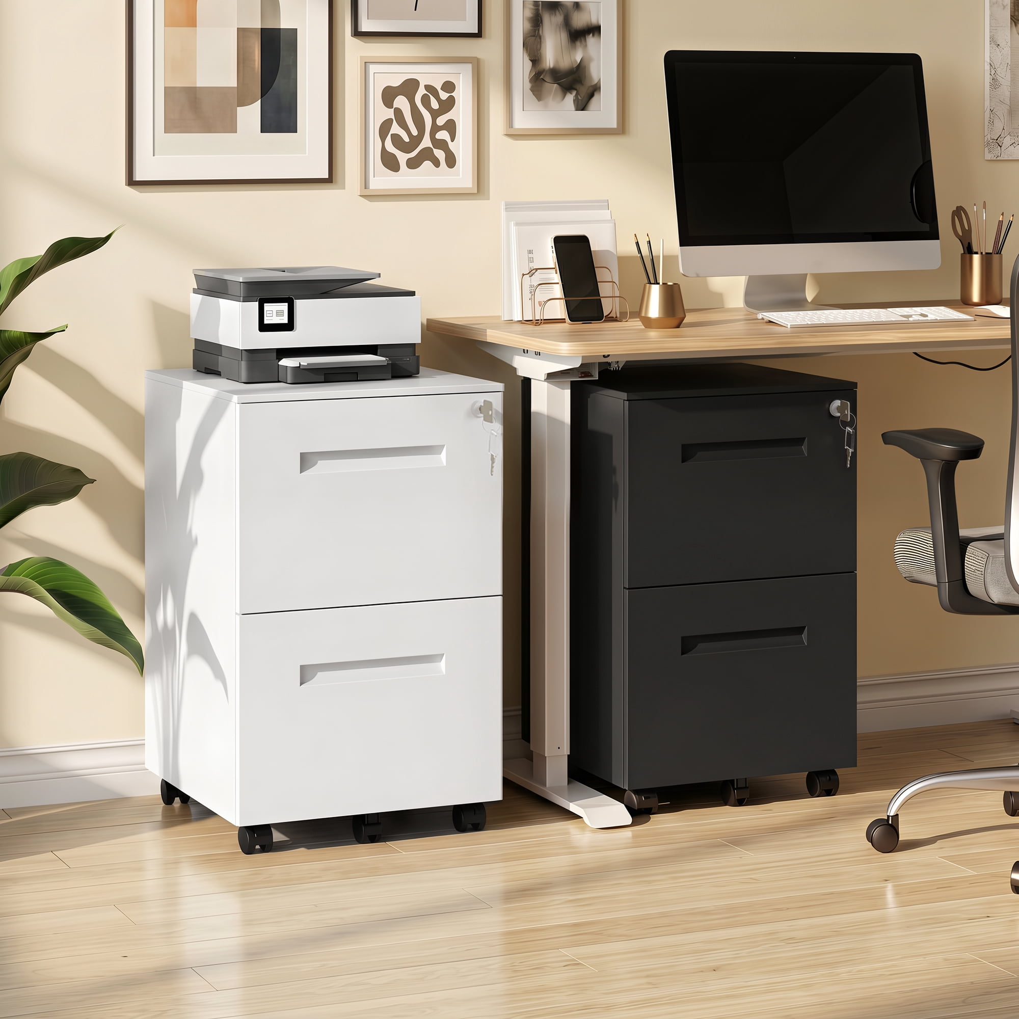 GALAXHERO 2 Drawer Mobile File Cabinet with Lock, Commercial Vertical Filing Cabinet for Home Office, White