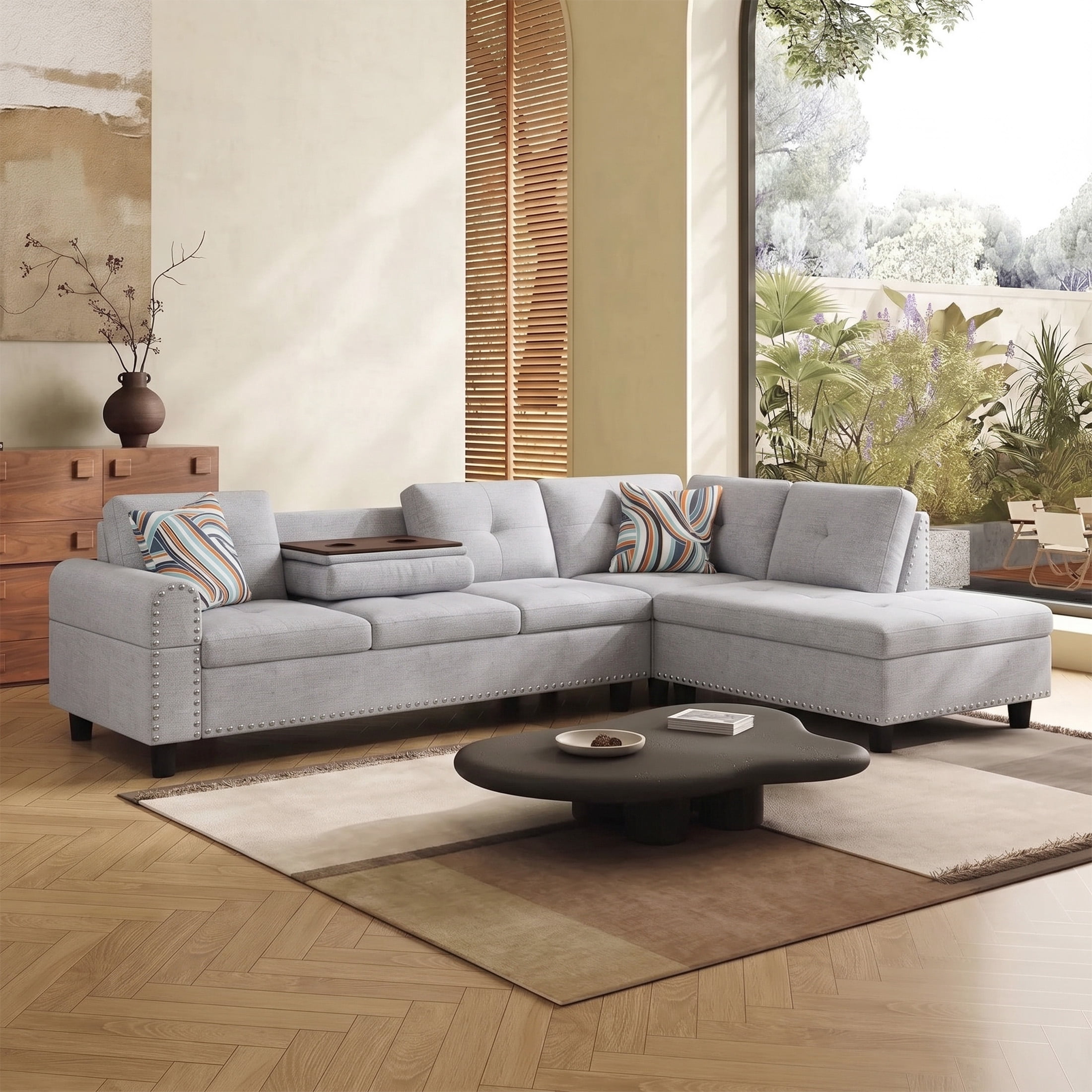 AENKYO 98" L-Shaped Sectional Sofa with Reversible Chaise and Cup Holders, Flannel, Light Gray
