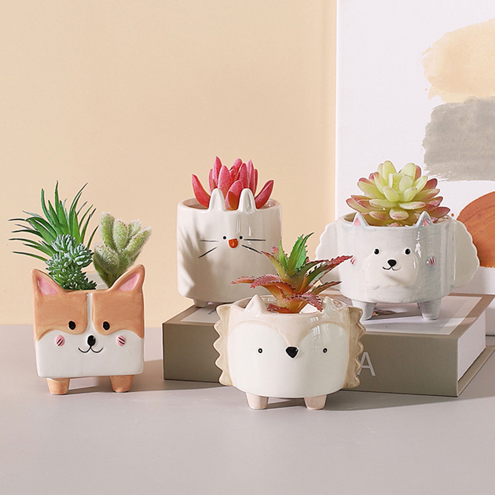 Succulent Plants Pots of 2 Colors Ceramic Cat ，Decorative Ceramic Flower Planter Pot with Drainage，for Home Office Desk Decoration 