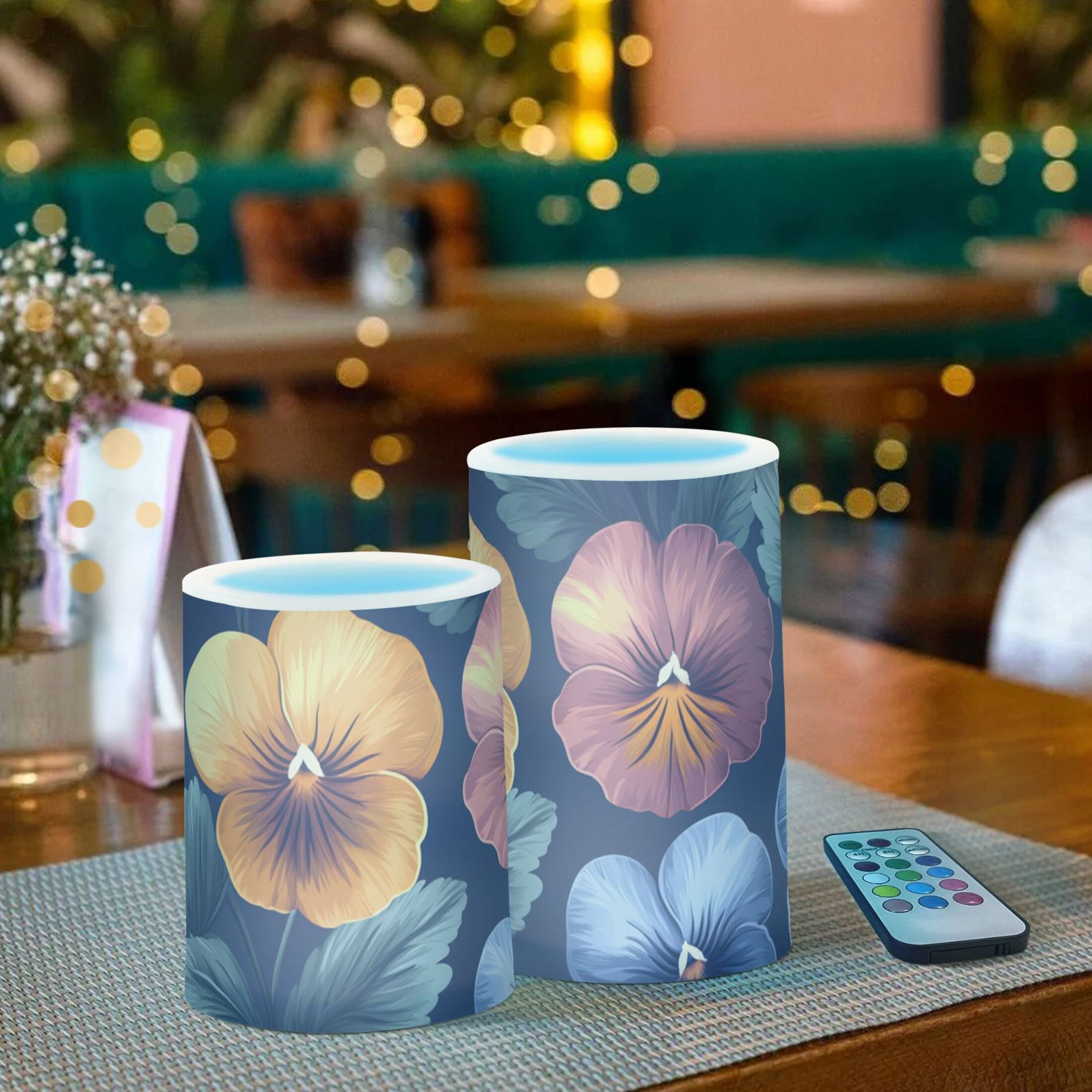 Simple Pansy Flickering Flameless Candles Battery Operated with Remote Timer LED Pillar Candles Set of 2