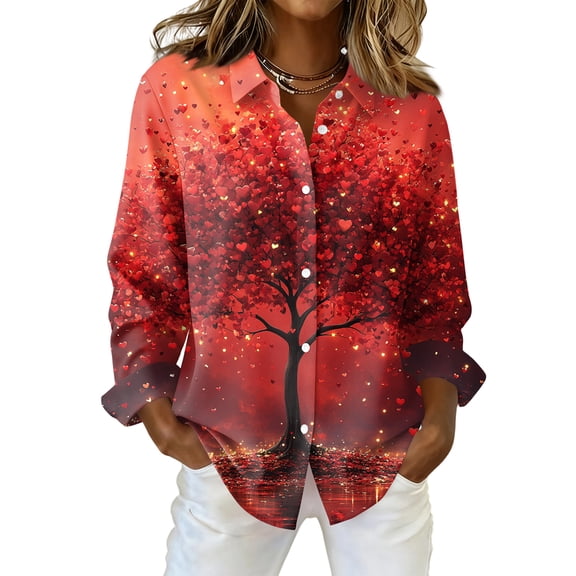 Kixjoy Womens Long Sleeve Tops Button Down Collared V Neck Shirts Trendy Lightweight Casual Tunic Tops Work Soft Graphic Tees, Red XL