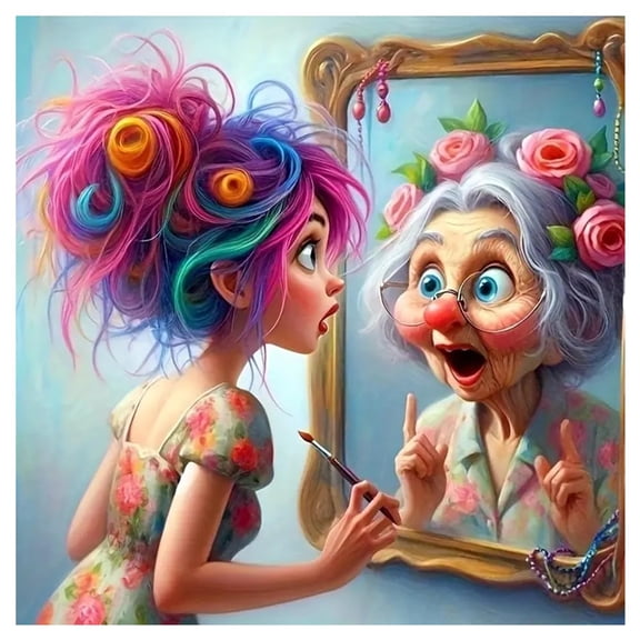 5D Full Drill Diamond Painting Kit - Young Girl & Old Woman Mirror Art, DIY Rhinestone Wall Decor