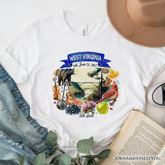 Artistic West Virginia State Themes and Landmarks T-Shirt, Tee for History and Travel Lovers