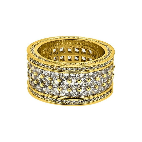 Triple Row Princess Cut Eternity Band Gold Mens CZ Bling Ring