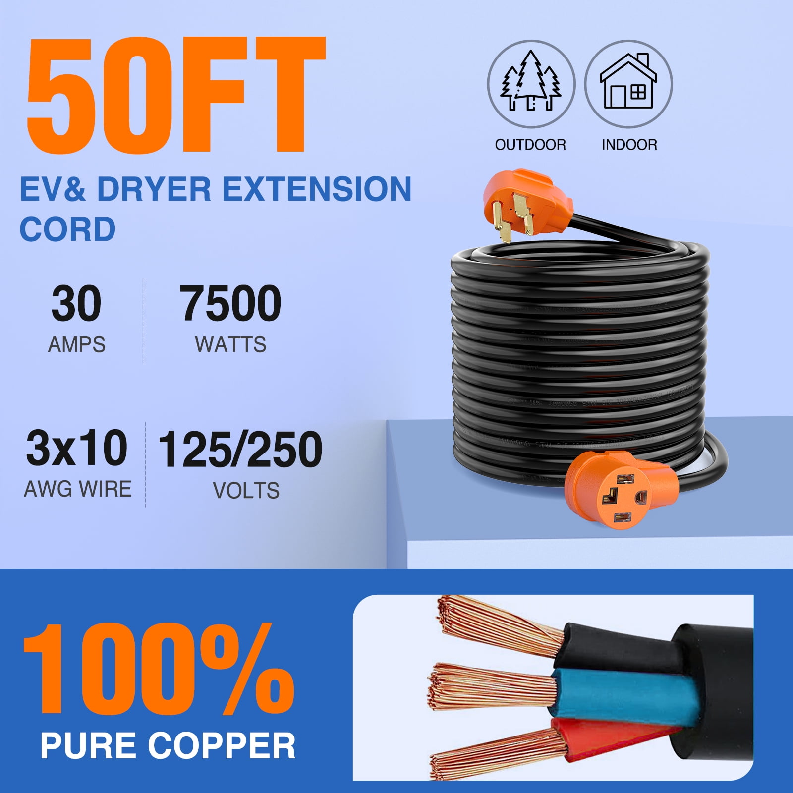 Nilight 50FT EV Dryer Extension Cord 3 Prong 30 Amp NEMA 10-30P 10-30R Old Dryer Extension Cable Heavy Duty 10 Gauge Pure Copper Wire UL Listed 125/250V for Level 2 EV Charging