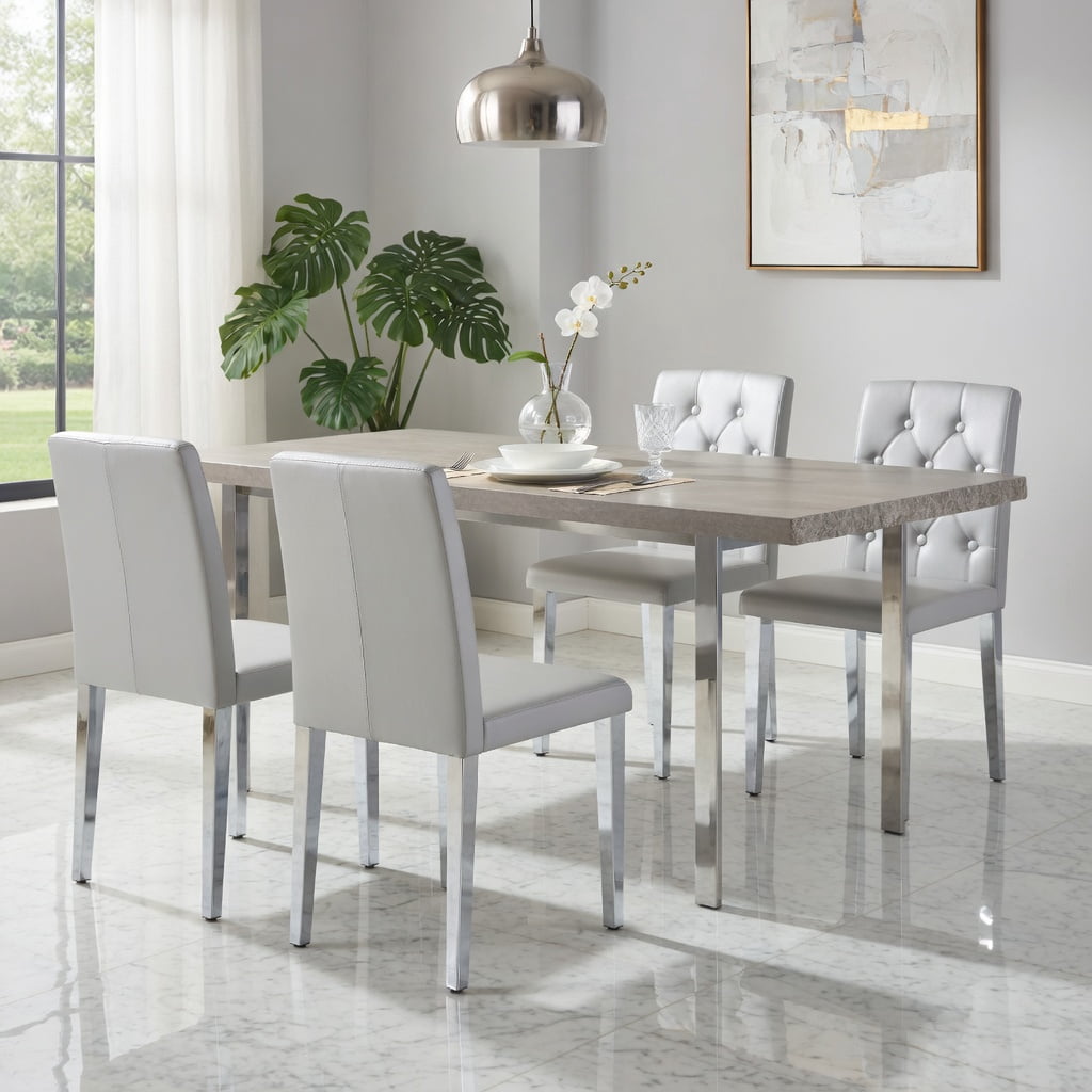 Hommoo 4-Pack PU Leather Dining Chairs with Ergonomic Buckle Backrest & Metal Legs, 35 in Tall, Commercial-Grade Comfort for Restaurants, Cafes & Home Dining, Light Gray & Sliver