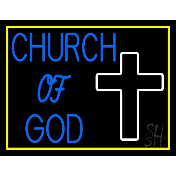 Blue Church Of God With Border LED Neon Sign 24" Tall x 31" Wide - inches Black Square Cut Acrylic Backing, with Dimmer - Premium built indoor Sign for Home décor, Religious place, Store interior.