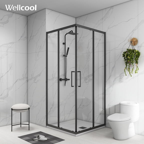 Wellcool Showers door Modern Black Framed Corner Shower Enclosure with Clear Tempered Glass and Ergonomic Handle for Contemporary Bathroom Space