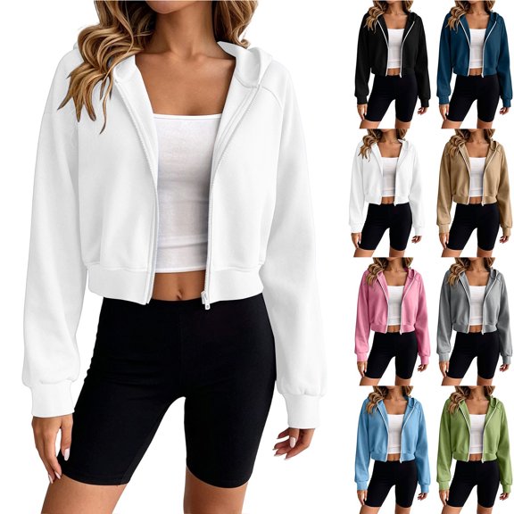 Chiccall Womens Cropped Zip Up Hoodie Jacket, Raglan Long Sleeve Oversized Solid Open Front Casual Crop Sweatshirt Coat