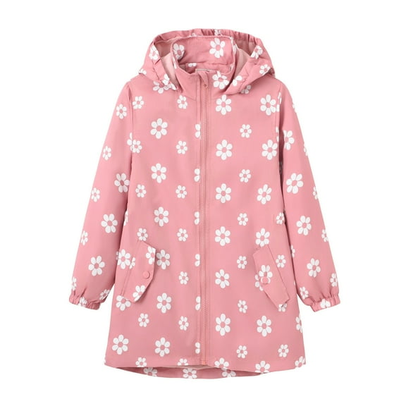 Otqutp Kids Girls Fall Winter Padded with Pockets Hooded Collar Long Sleeve Outwear Windproof Fashion Flowers Printed Long Jacket(Pink,7-8 Years)