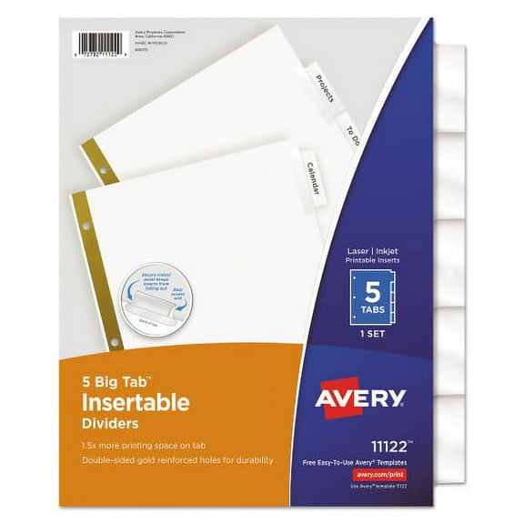 4Pack Avery Insertable Big Tab Dividers, 5-Tab, Double-Sided Gold Edge Reinforcing, 11 x 8.5, White, Clear Tabs, 1 Set (11122)